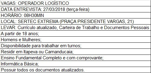 OPORTUNIDADE DE EMPREGO - 23.03.2018