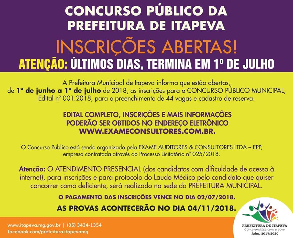 Últimos dias! Inscrições do Concurso Público da Prefeitura de